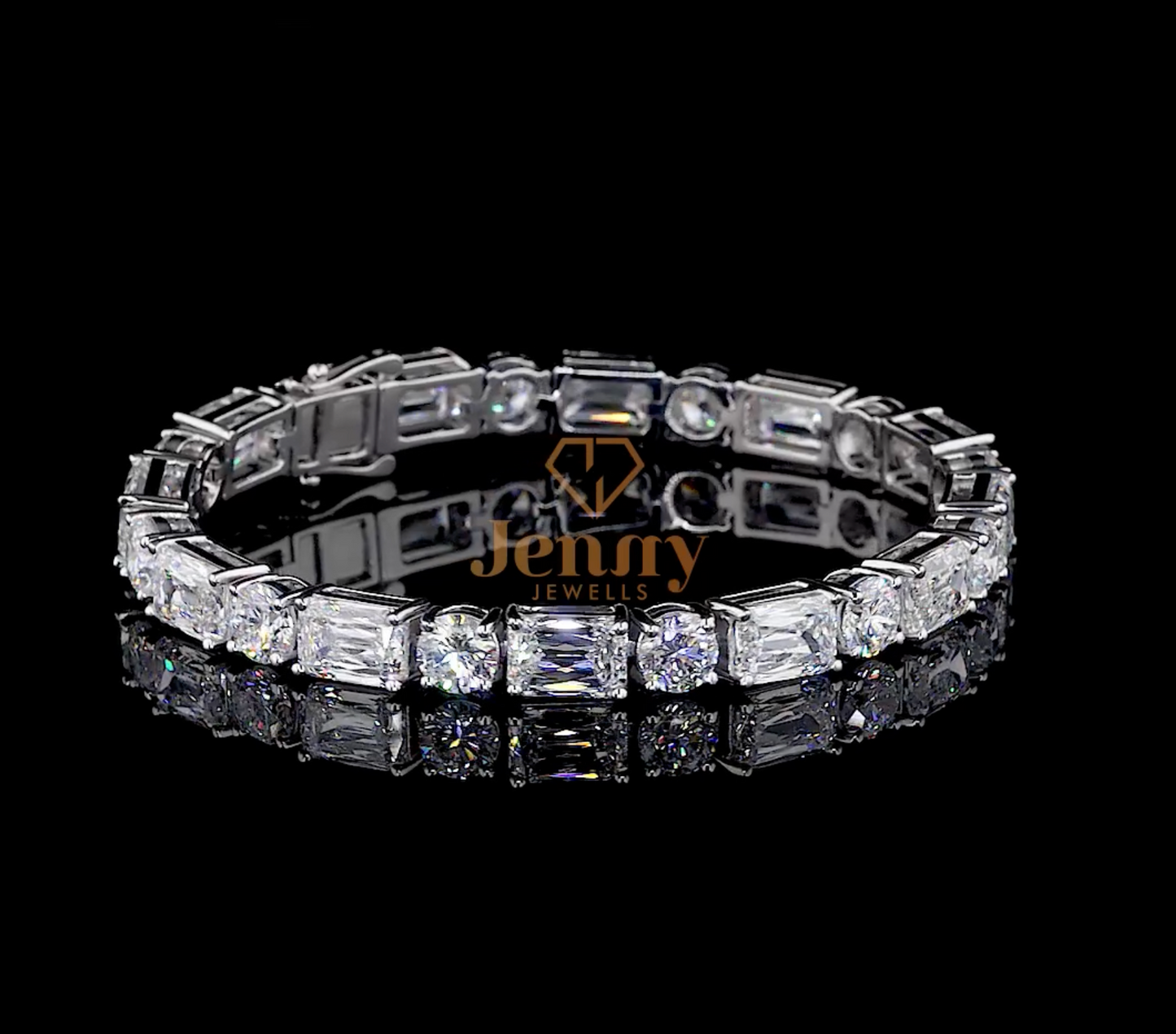 Radiant-Cut Diamond Tennis Bracelet with 26.15 CT of radiant and round-cut diamonds set in white, yellow, or rose gold. A sleek and modern jewelry masterpiece.