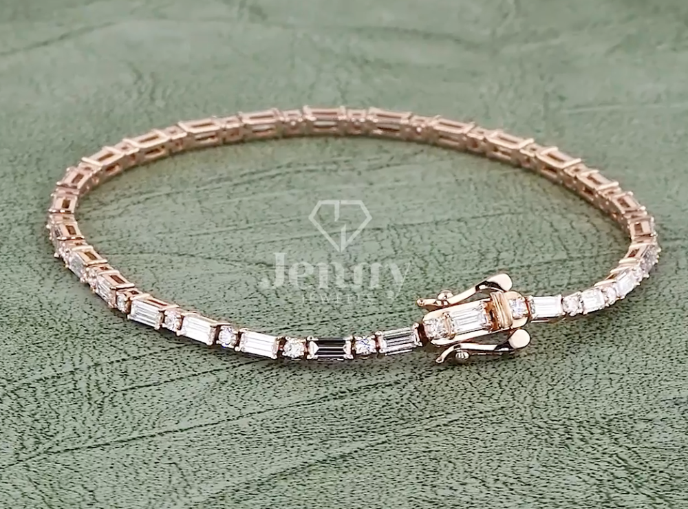 2.75 CT Baguette and Round Lab-Grown Diamond Tennis Bracelet in 10K / 14K / 18K Gold or Platinum | EF-VVS Diamond Luxury Bracelet