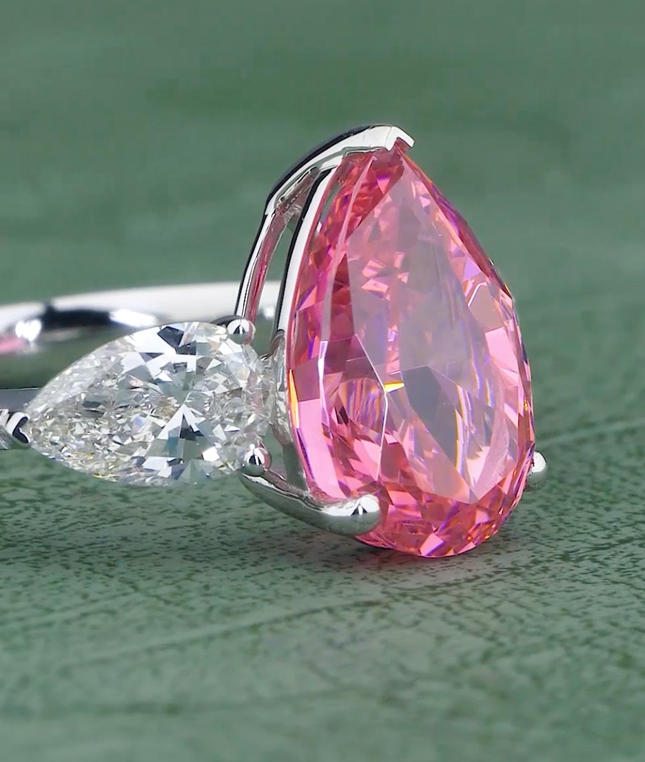 6.58 CT Ice Pink Pear Cut Lab Grown Diamond Ring | 8.08 CT E-F VVS Three Stone Ring | Jenny Jewells