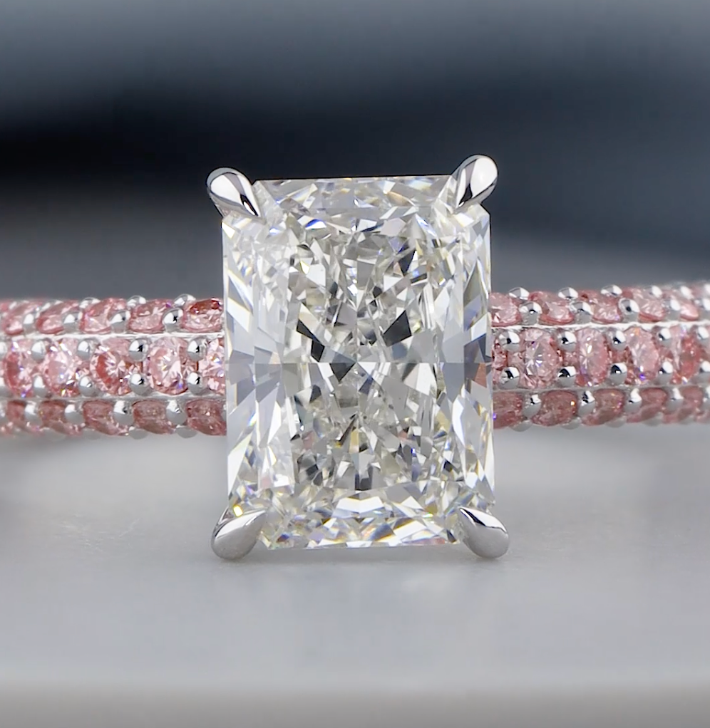 3.00 CTW Radiant Cut Lab-Grown Diamond Engagement Ring with Pink Round Diamonds | IGI Certified