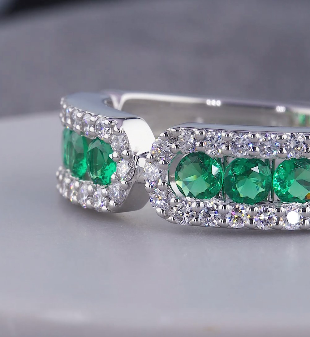 1.30 CT Green Emerald & Lab Grown Diamond Open Cuff Ring | E VS1 IGI Certified | Jenny Jewells