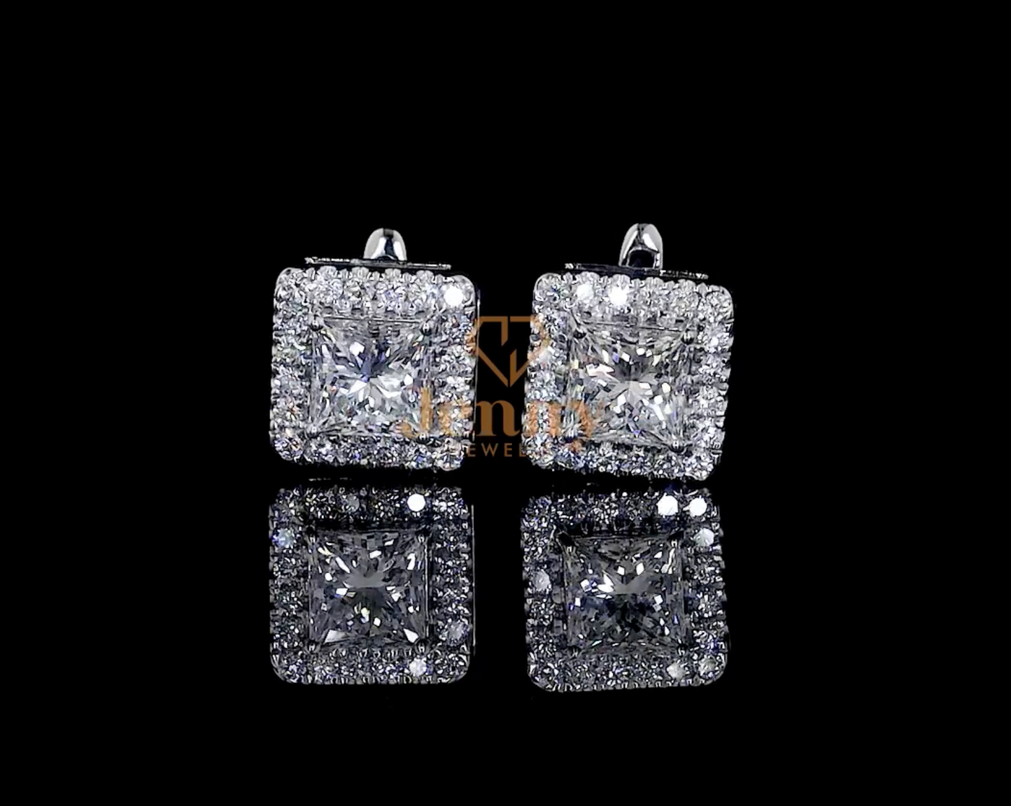 Princess Diamond Halo Earrings with a princess-cut diamond center and round diamond halo, set in white, yellow, or rose gold. A bold and elegant jewelry piece.
