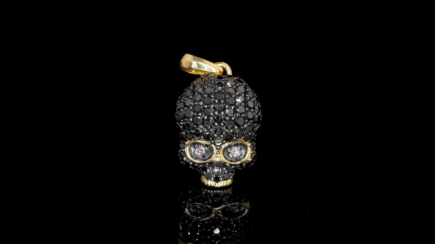 Skull pendant with 88 black diamonds and 2 pink diamonds for the eyes, total 1.81 carats, available in 14KT and 18KT white, yellow, and rose gold – Jenny Jewells
