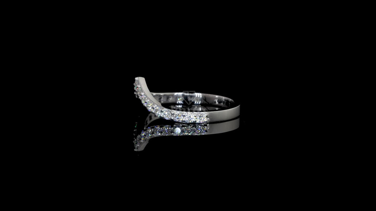 Side view of minimalist single line diamond ring with prong set diamonds