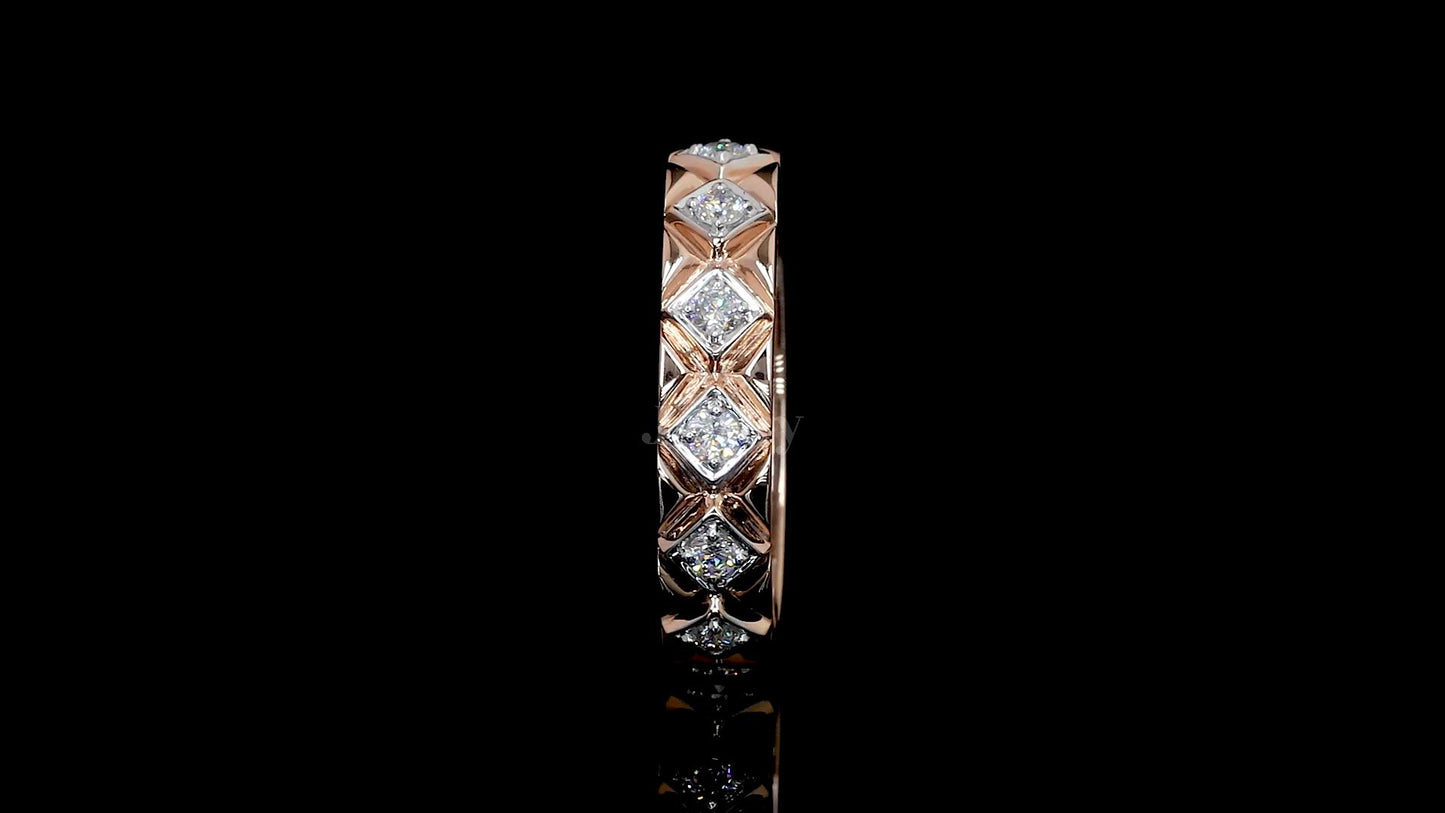 Rose gold band ring with 14 round diamonds in geometric square settings, total weight 1.40 carats – Jenny Jewells