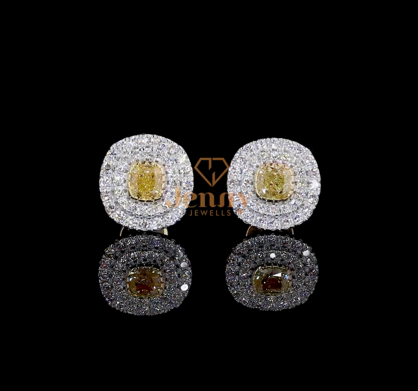 Yellow Diamond Double Halo Earrings with a vibrant center stone, set in white, yellow, or rose gold, surrounded by white diamonds for enhanced brilliance and elegance.