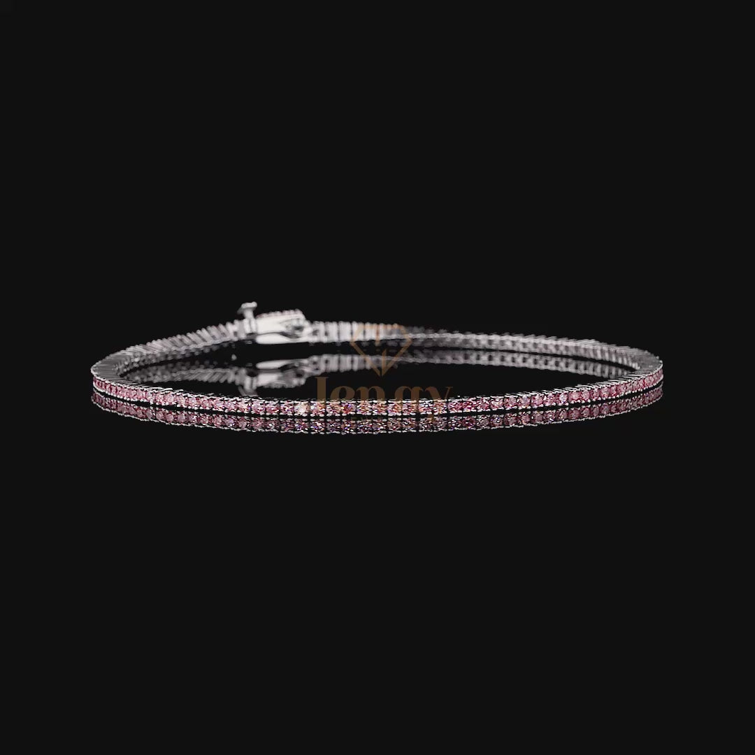 Pink Tennis Bracelet with lab-grown pink diamonds set in white, yellow, or rose gold. A sophisticated and romantic jewelry piece, perfect for layering or wearing solo.