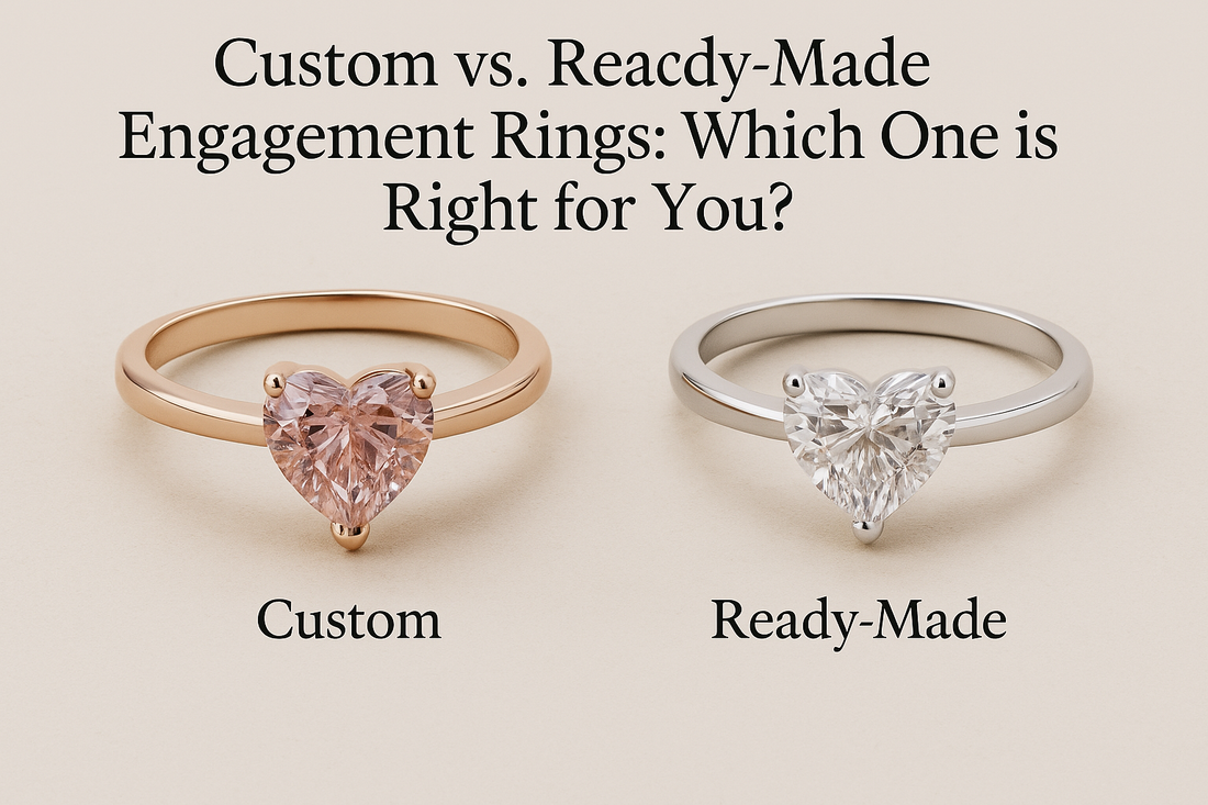 Infographic comparing custom and ready-made engagement rings based on uniqueness, cost, time, and personalization, designed by Jenny Jewells.
