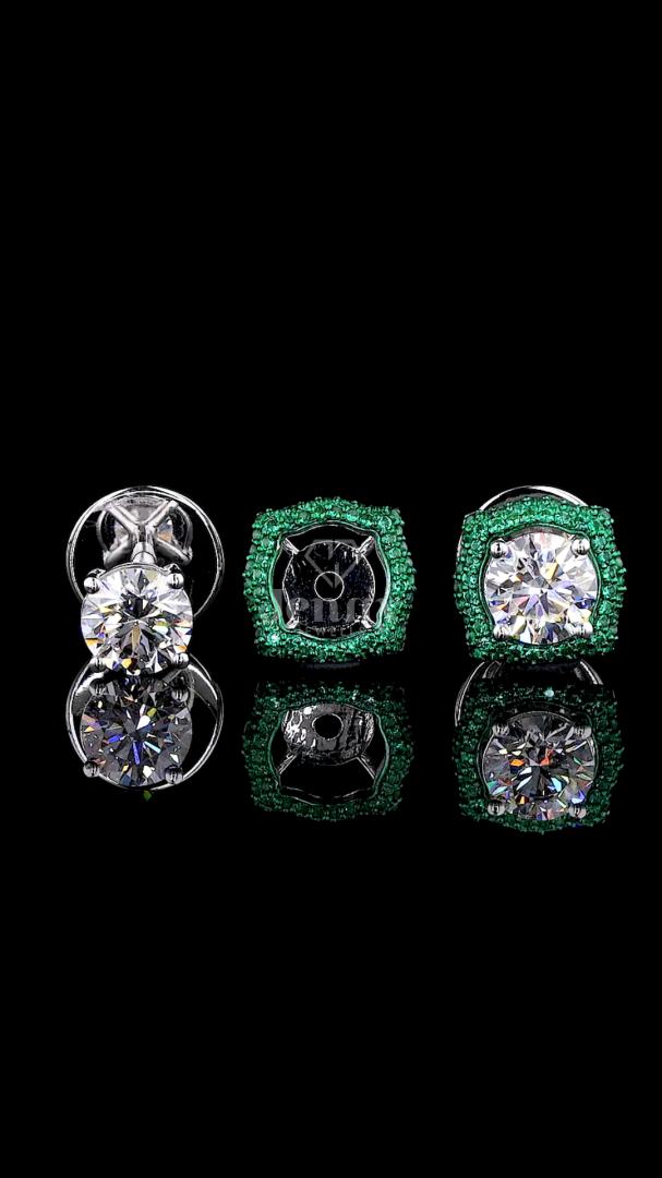 Round Cut Lab Grown Diamond & Green Gemstone Halo Earrings | 2.60 CT E-VS1 Diamonds | Luxury Gold & Platinum Earrings
