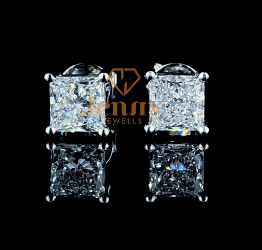 Princess-cut diamond stud earrings in white, yellow, or rose gold. A sleek and elegant jewelry piece for everyday wear or special occasions."