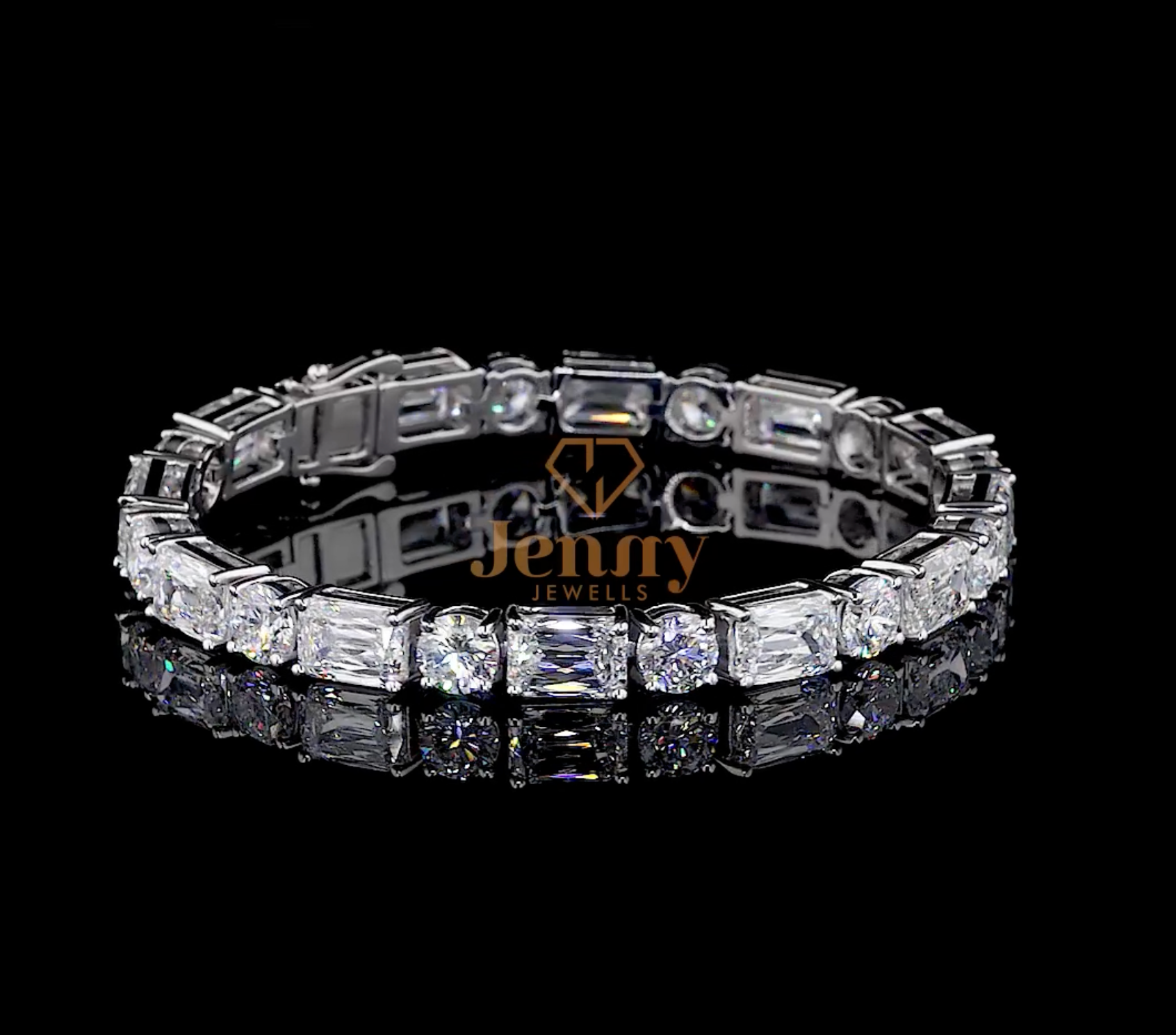 Radiant-Cut Diamond Tennis Bracelet with 26.15 CT of radiant and round-cut diamonds set in white, yellow, or rose gold. A sleek and modern jewelry masterpiece.