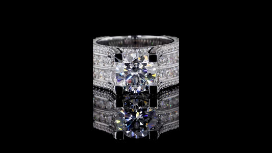 Regaliya Ring with a 2.61 CT IGI certified E VVS2 center lab-grown diamond and 3.69 CT side diamonds, available in 14KT and 18KT white, yellow, and rose gold – Jenny Jewells