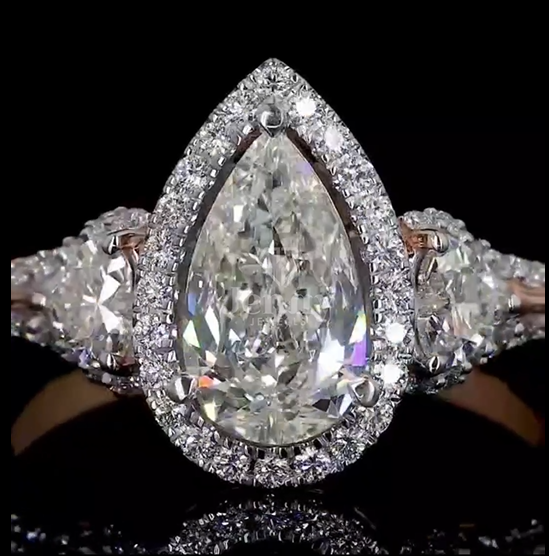 1.00 CT Pear Cut Lab Grown Diamond Ring | 2.61 CT E VS1 Three-Stone Ring | IGI Certified | Pear Diamond Halo Three-Stone Ring