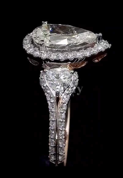 1.00 CT Pear Cut Lab Grown Diamond Ring | 2.61 CT E VS1 Three-Stone Ring | IGI Certified | Pear Diamond Halo Three-Stone Ring