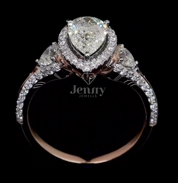 1.00 CT Pear Cut Lab Grown Diamond Ring | 2.61 CT E VS1 Three-Stone Ring | IGI Certified | Pear Diamond Halo Three-Stone Ring