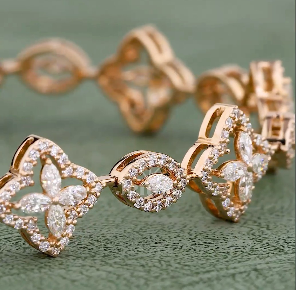 2.18 CT Marquise & Round Lab Grown Diamond Floral Bracelet in 10K / 14K / 18K Gold or Platinum | EF-VVS Diamond Luxury Bracelet - JENNY JEWELLS