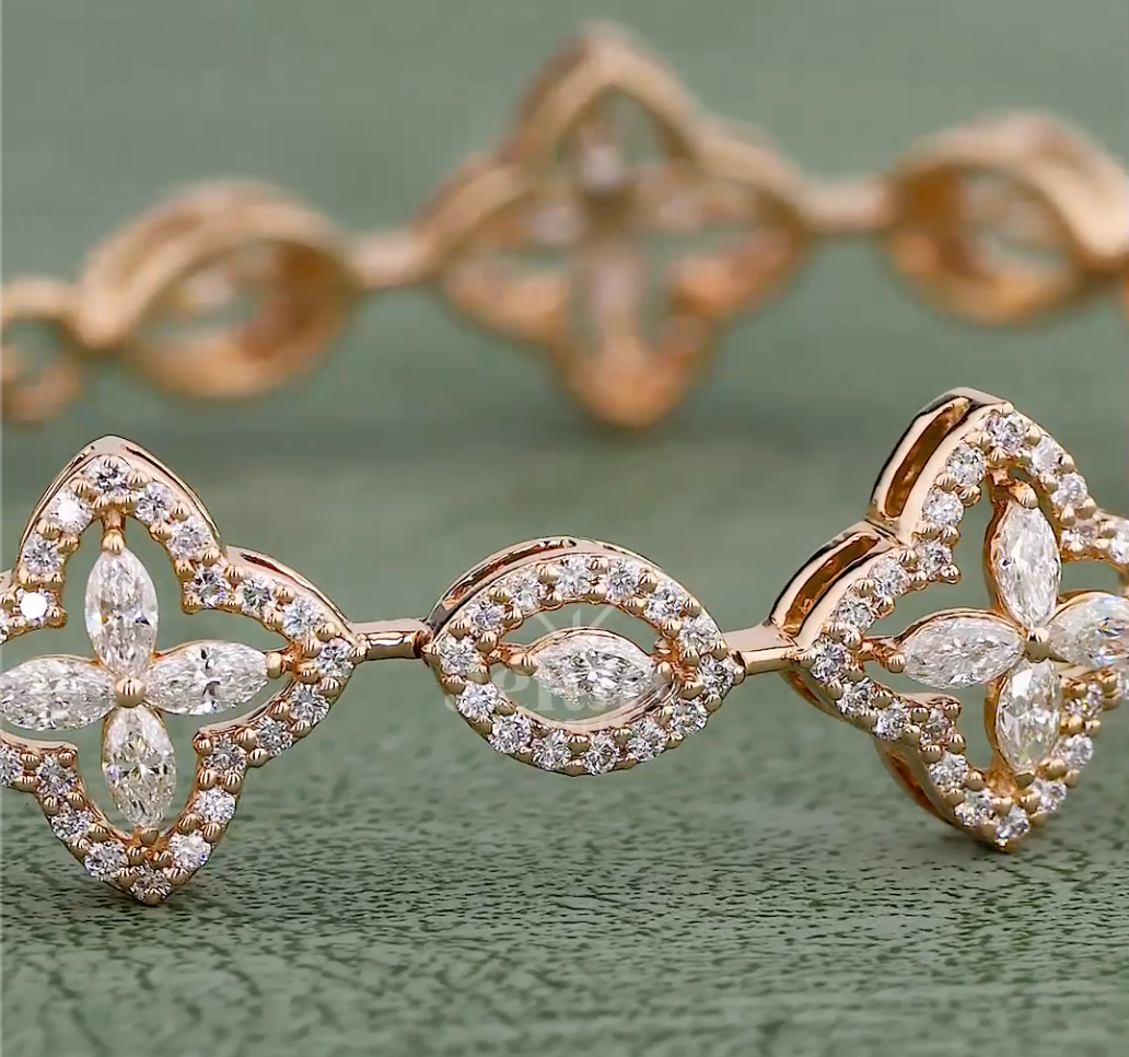 2.18 CT Marquise & Round Lab Grown Diamond Floral Bracelet in 10K / 14K / 18K Gold or Platinum | EF-VVS Diamond Luxury Bracelet - JENNY JEWELLS