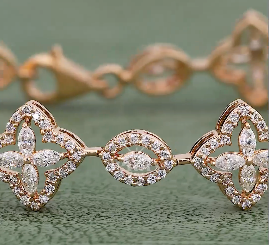 2.18 CT Marquise & Round Lab Grown Diamond Floral Bracelet in 10K / 14K / 18K Gold or Platinum | EF-VVS Diamond Luxury Bracelet - JENNY JEWELLS
