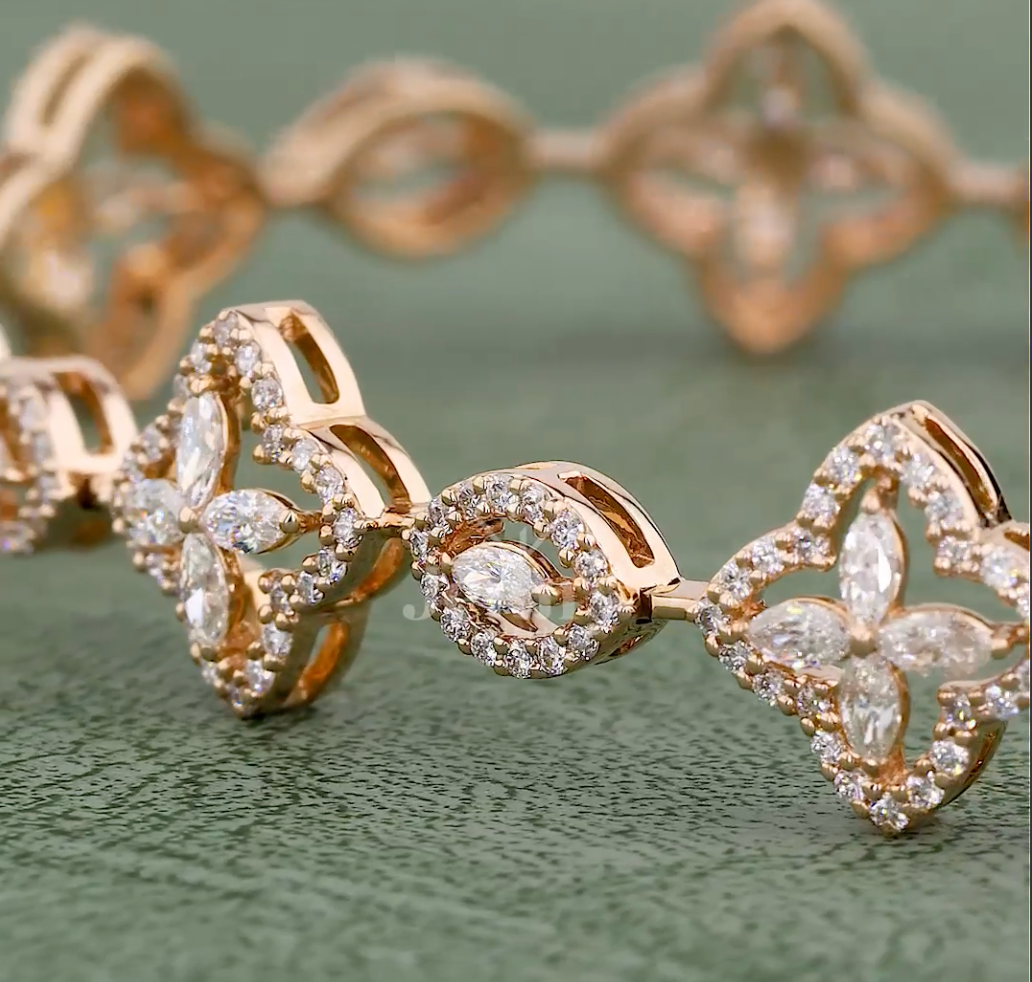 2.18 CT Marquise & Round Lab Grown Diamond Floral Bracelet in 10K / 14K / 18K Gold or Platinum | EF-VVS Diamond Luxury Bracelet - JENNY JEWELLS