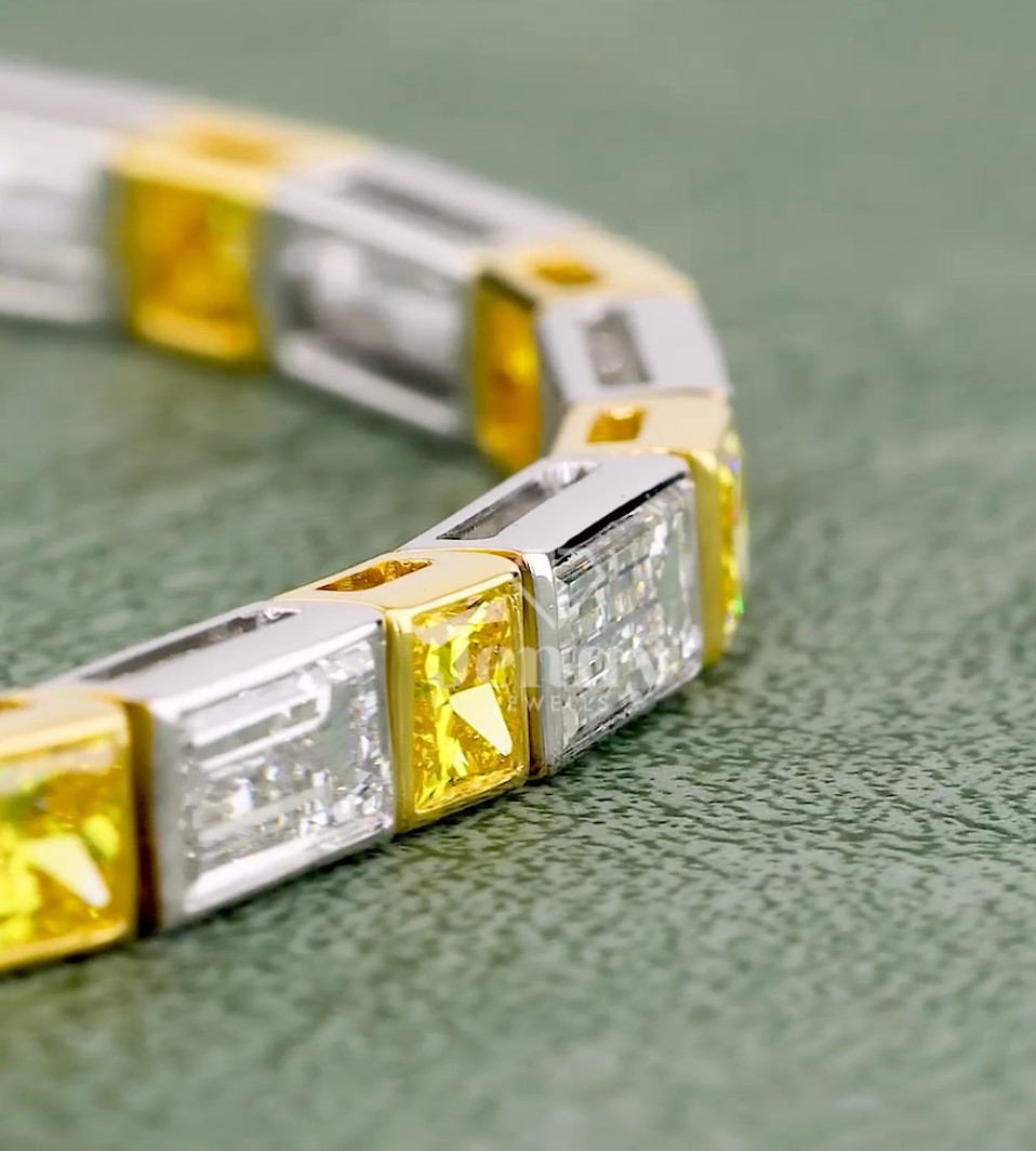 Baguette & Yellow Princess Cut Lab Grown Diamond Bracelet | 9.01 CT EF-VVS Diamonds | Two-Tone Gold & Platinum Luxury Bracelet
