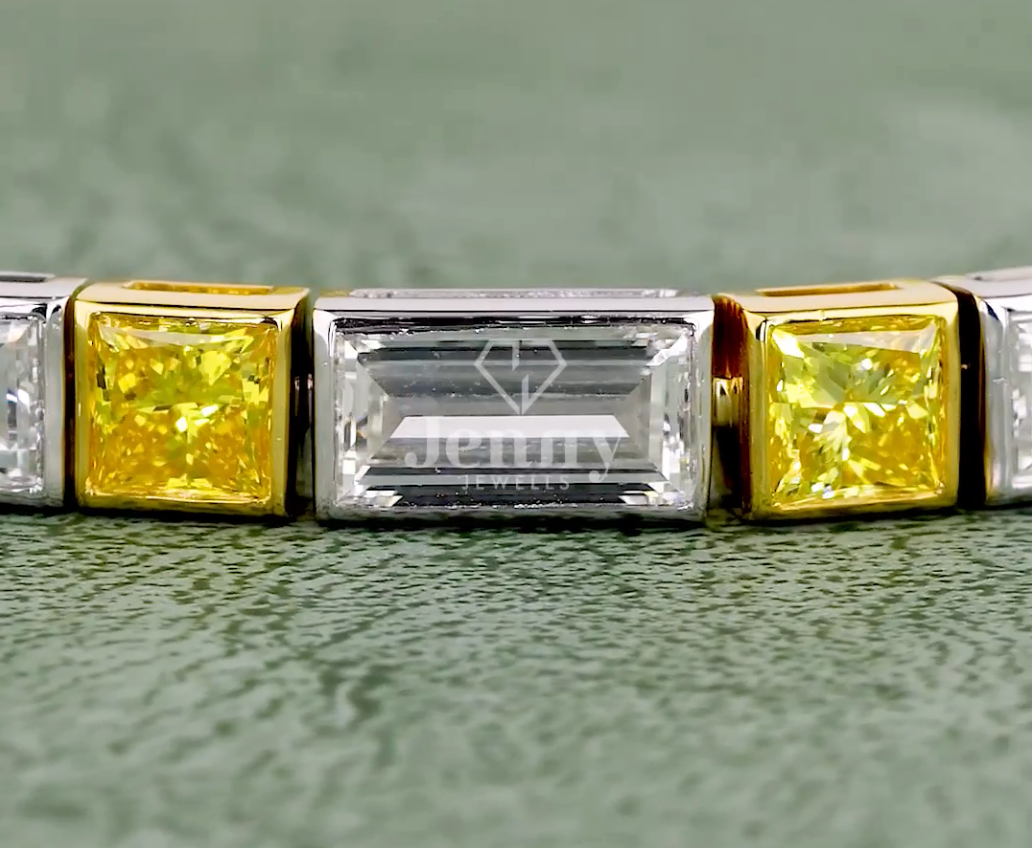 Baguette & Yellow Princess Cut Lab Grown Diamond Bracelet | 9.01 CT EF-VVS Diamonds | Two-Tone Gold & Platinum Luxury Bracelet