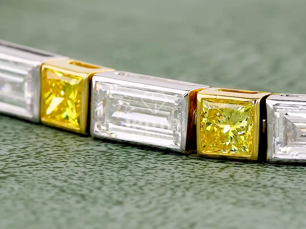Baguette & Yellow Princess Cut Lab Grown Diamond Bracelet | 9.01 CT EF-VVS Diamonds | Two-Tone Gold & Platinum Luxury Bracelet