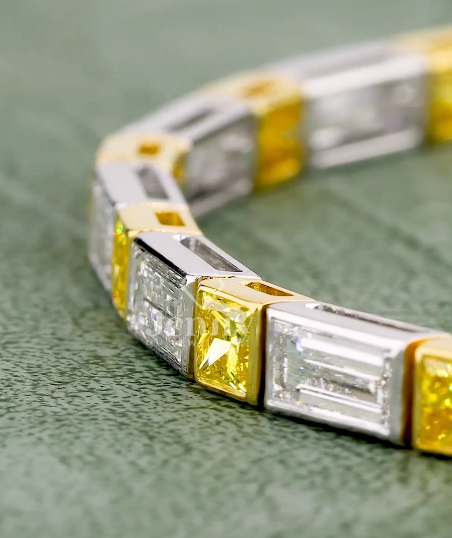 Baguette & Yellow Princess Cut Lab Grown Diamond Bracelet | 9.01 CT EF-VVS Diamonds | Two-Tone Gold & Platinum Luxury Bracelet