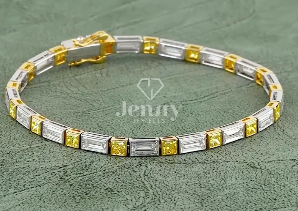 Baguette & Yellow Princess Cut Lab Grown Diamond Bracelet | 9.01 CT EF-VVS Diamonds | Two-Tone Gold & Platinum Luxury Bracelet