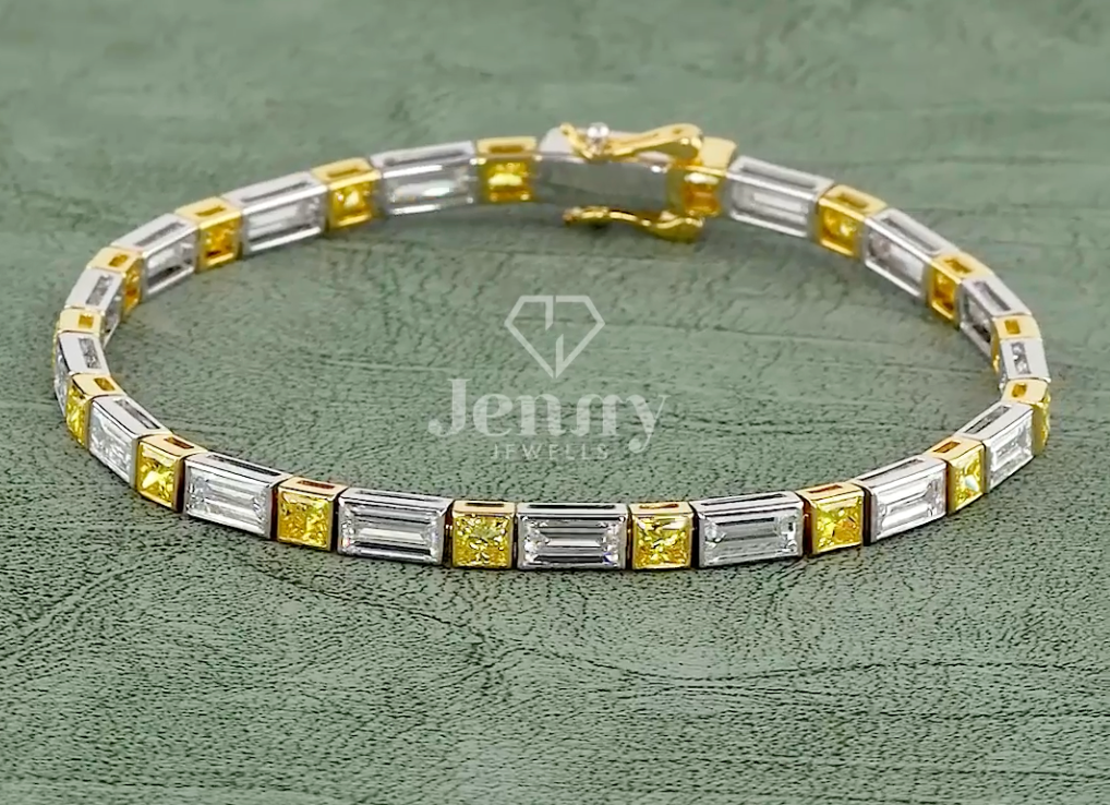 Baguette & Yellow Princess Cut Lab Grown Diamond Bracelet | 9.01 CT EF-VVS Diamonds | Two-Tone Gold & Platinum Luxury Bracelet