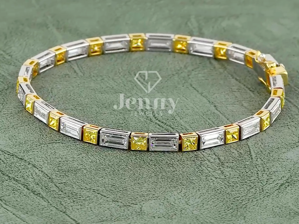 Baguette & Yellow Princess Cut Lab Grown Diamond Bracelet | 9.01 CT EF-VVS Diamonds | Two-Tone Gold & Platinum Luxury Bracelet
