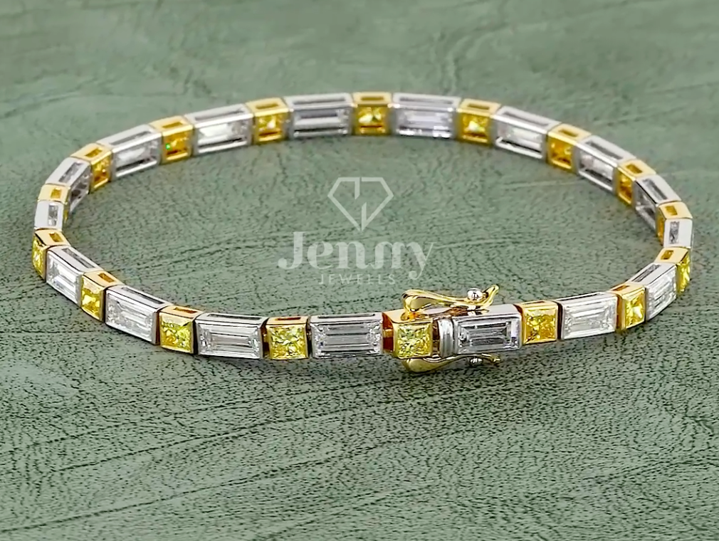 Baguette & Yellow Princess Cut Lab Grown Diamond Bracelet | 9.01 CT EF-VVS Diamonds | Two-Tone Gold & Platinum Luxury Bracelet