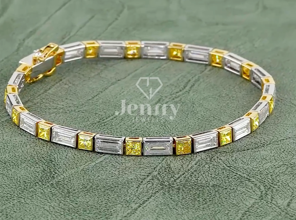 Baguette & Yellow Princess Cut Lab Grown Diamond Bracelet | 9.01 CT EF-VVS Diamonds | Two-Tone Gold & Platinum Luxury Bracelet