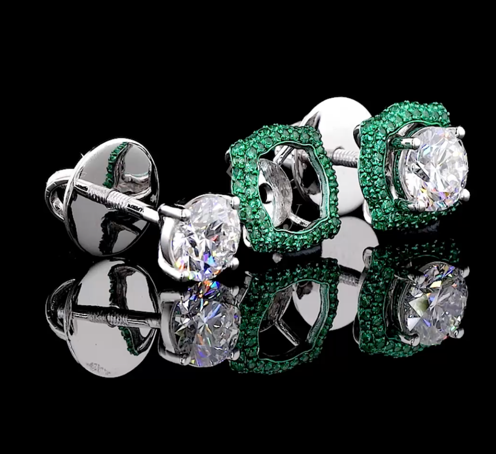 Round Cut Lab Grown Diamond & Green Gemstone Halo Earrings | 2.60 CT E-VS1 Diamonds | Luxury Gold & Platinum Earrings