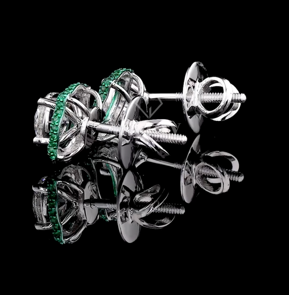 Round Cut Lab Grown Diamond & Green Gemstone Halo Earrings | 2.60 CT E-VS1 Diamonds | Luxury Gold & Platinum Earrings