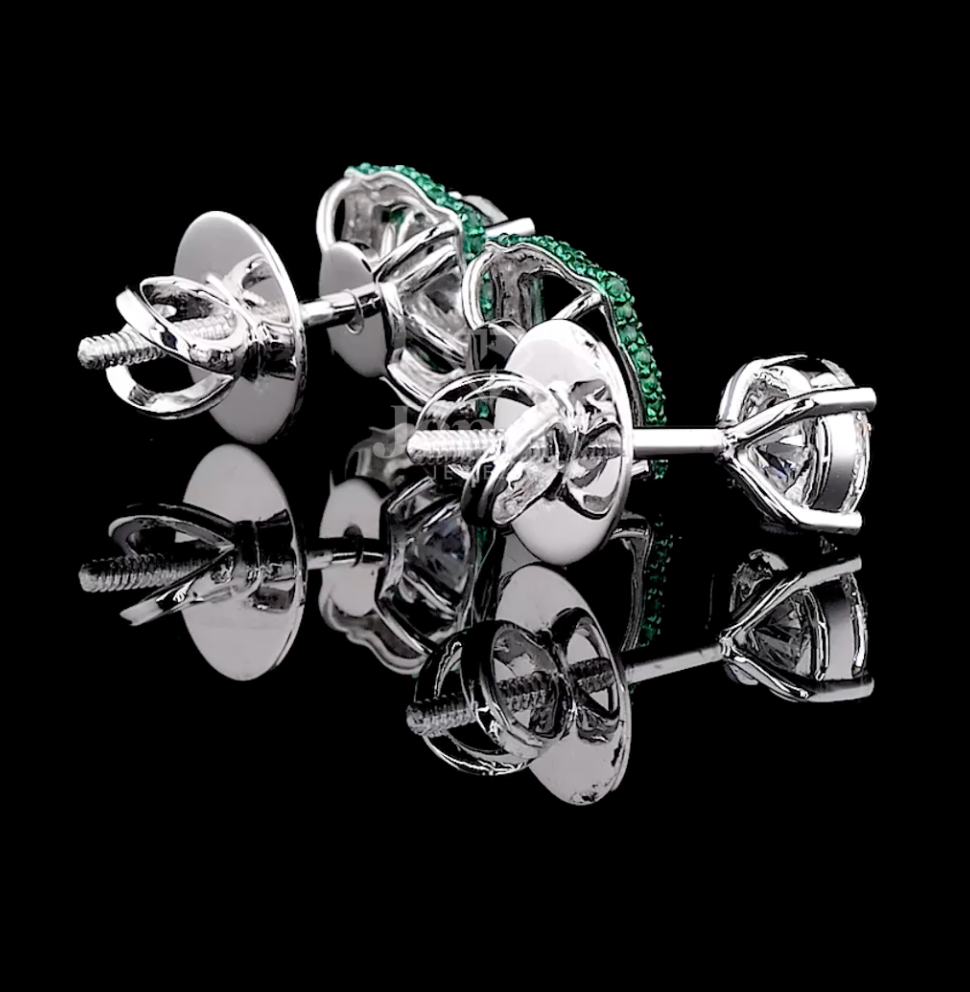 Round Cut Lab Grown Diamond & Green Gemstone Halo Earrings | 2.60 CT E-VS1 Diamonds | Luxury Gold & Platinum Earrings