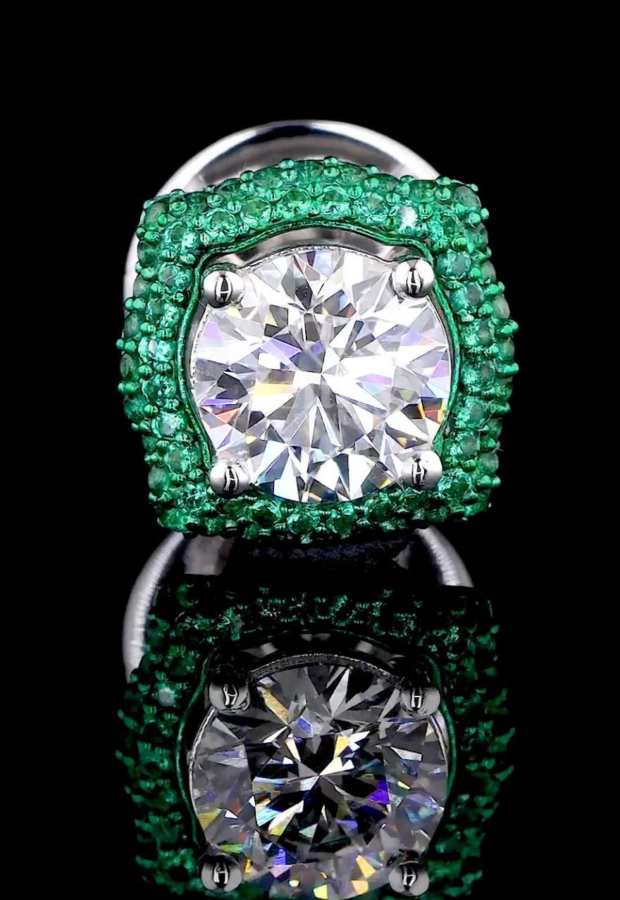 Round Cut Lab Grown Diamond & Green Gemstone Halo Earrings | 2.60 CT E-VS1 Diamonds | Luxury Gold & Platinum Earrings