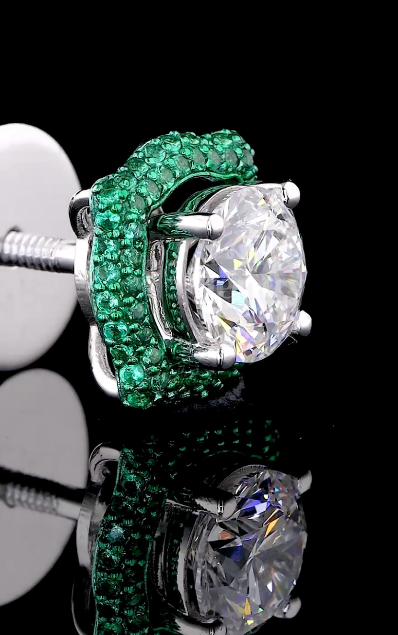 Round Cut Lab Grown Diamond & Green Gemstone Halo Earrings | 2.60 CT E-VS1 Diamonds | Luxury Gold & Platinum Earrings
