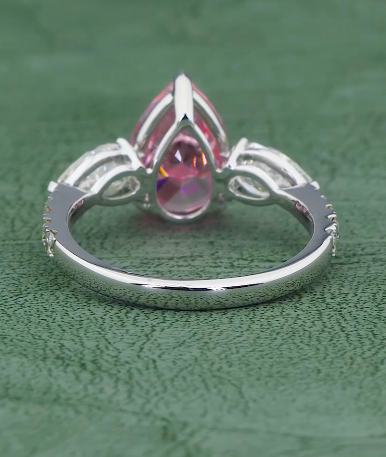 6.58 CT Ice Pink Pear Cut Lab Grown Diamond Ring | 8.08 CT E-F VVS Three Stone Ring | Jenny Jewells