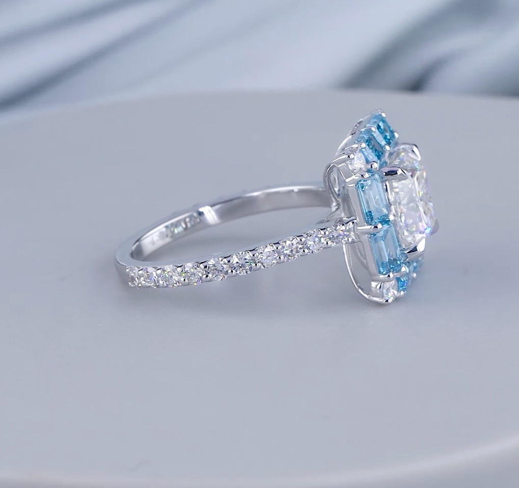 2.03 CT Cushion Cut Lab Grown Diamond Ring | 4.36 CT E VS Blue Emerald Halo Ring | IGI Certified | Blue Emerald Halo Cushion Cut Diamond Ring