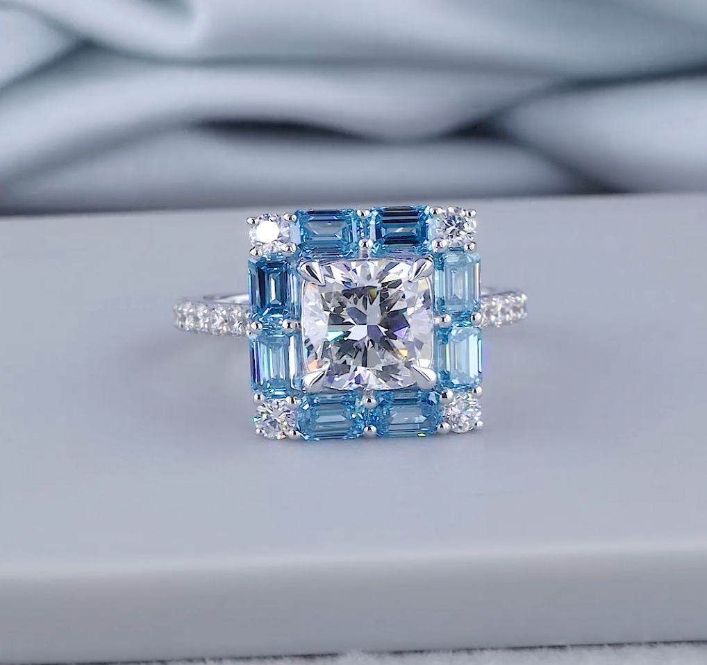 2.03 CT Cushion Cut Lab Grown Diamond Ring | 4.36 CT E VS Blue Emerald Halo Ring | IGI Certified | Blue Emerald Halo Cushion Cut Diamond Ring