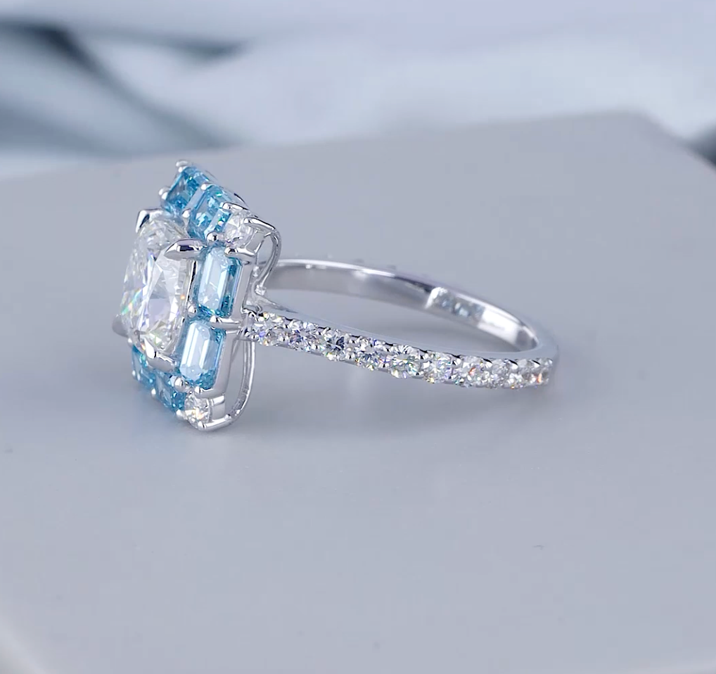 2.03 CT Cushion Cut Lab Grown Diamond Ring | 4.36 CT E VS Blue Emerald Halo Ring | IGI Certified | Blue Emerald Halo Cushion Cut Diamond Ring