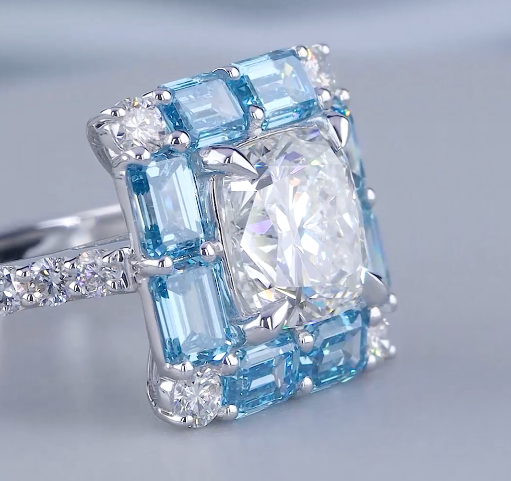 2.03 CT Cushion Cut Lab Grown Diamond Ring | 4.36 CT E VS Blue Emerald Halo Ring | IGI Certified | Blue Emerald Halo Cushion Cut Diamond Ring