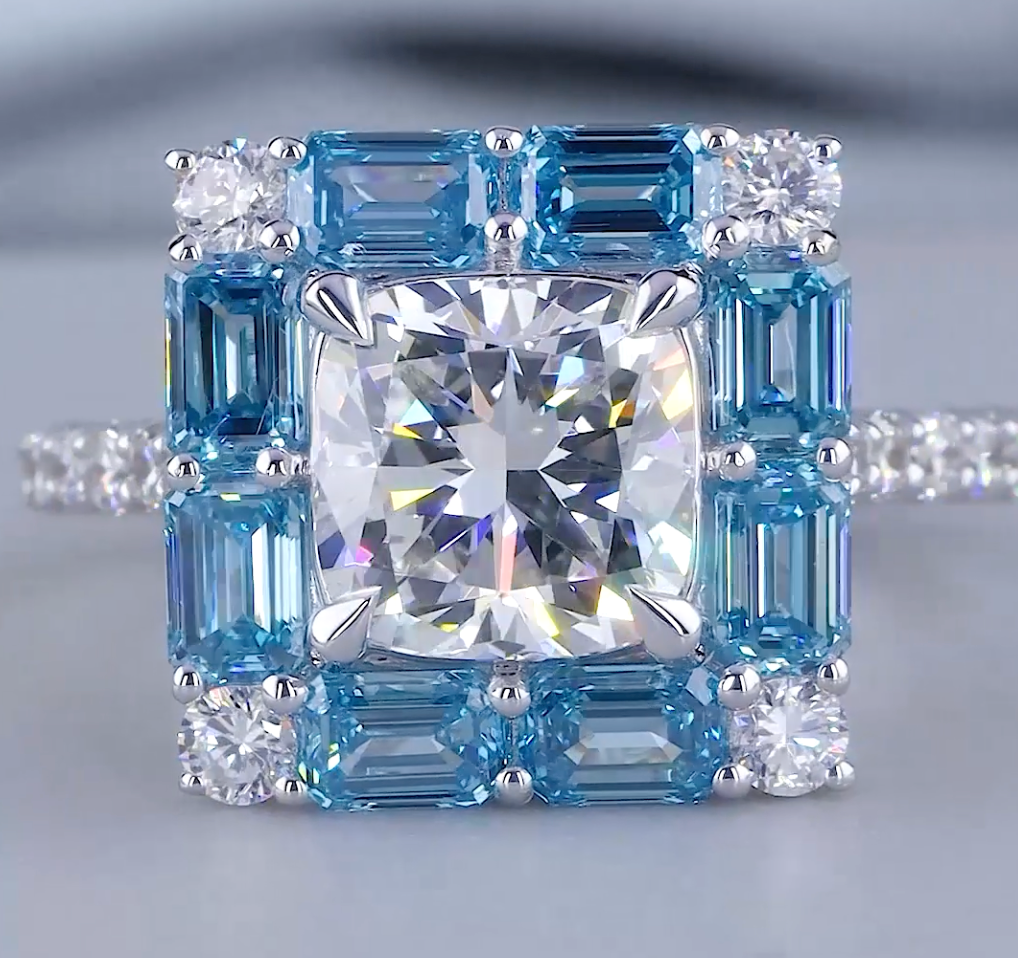 2.03 CT Cushion Cut Lab Grown Diamond Ring | 4.36 CT E VS Blue Emerald Halo Ring | IGI Certified | Blue Emerald Halo Cushion Cut Diamond Ring