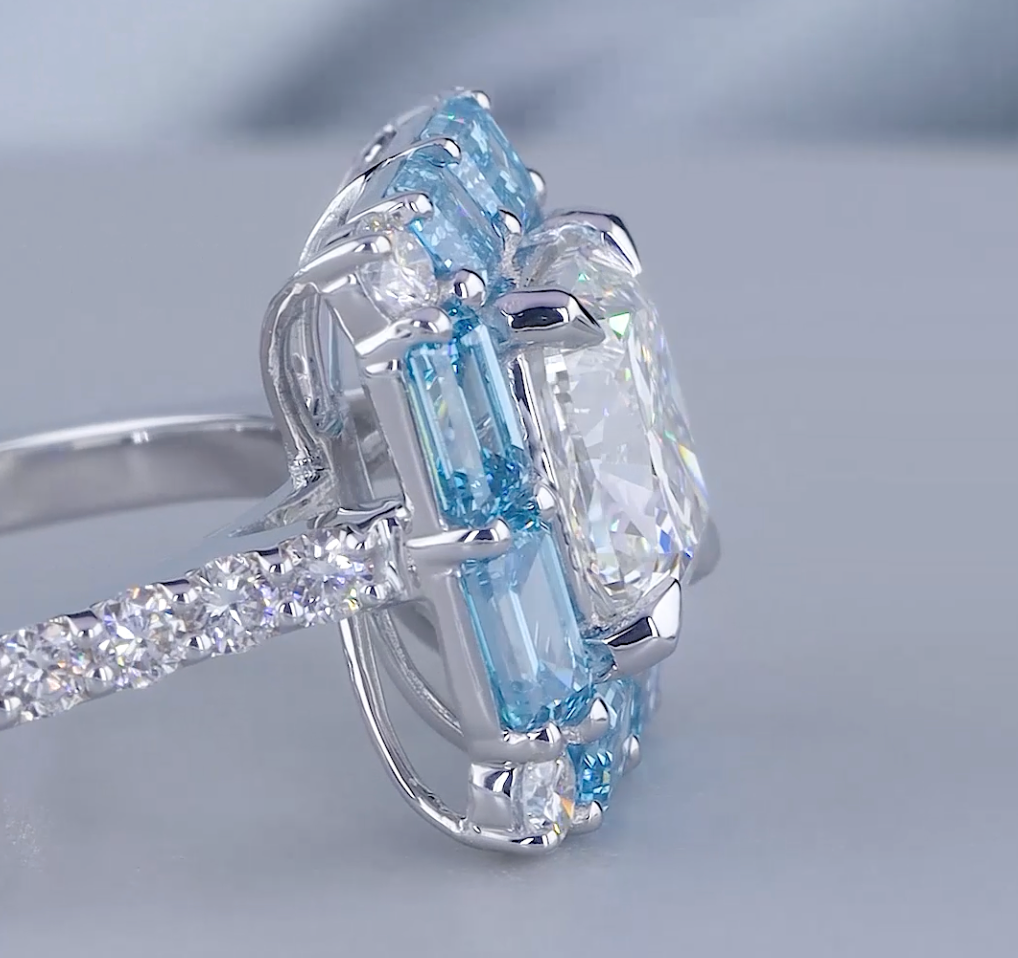 2.03 CT Cushion Cut Lab Grown Diamond Ring | 4.36 CT E VS Blue Emerald Halo Ring | IGI Certified | Blue Emerald Halo Cushion Cut Diamond Ring