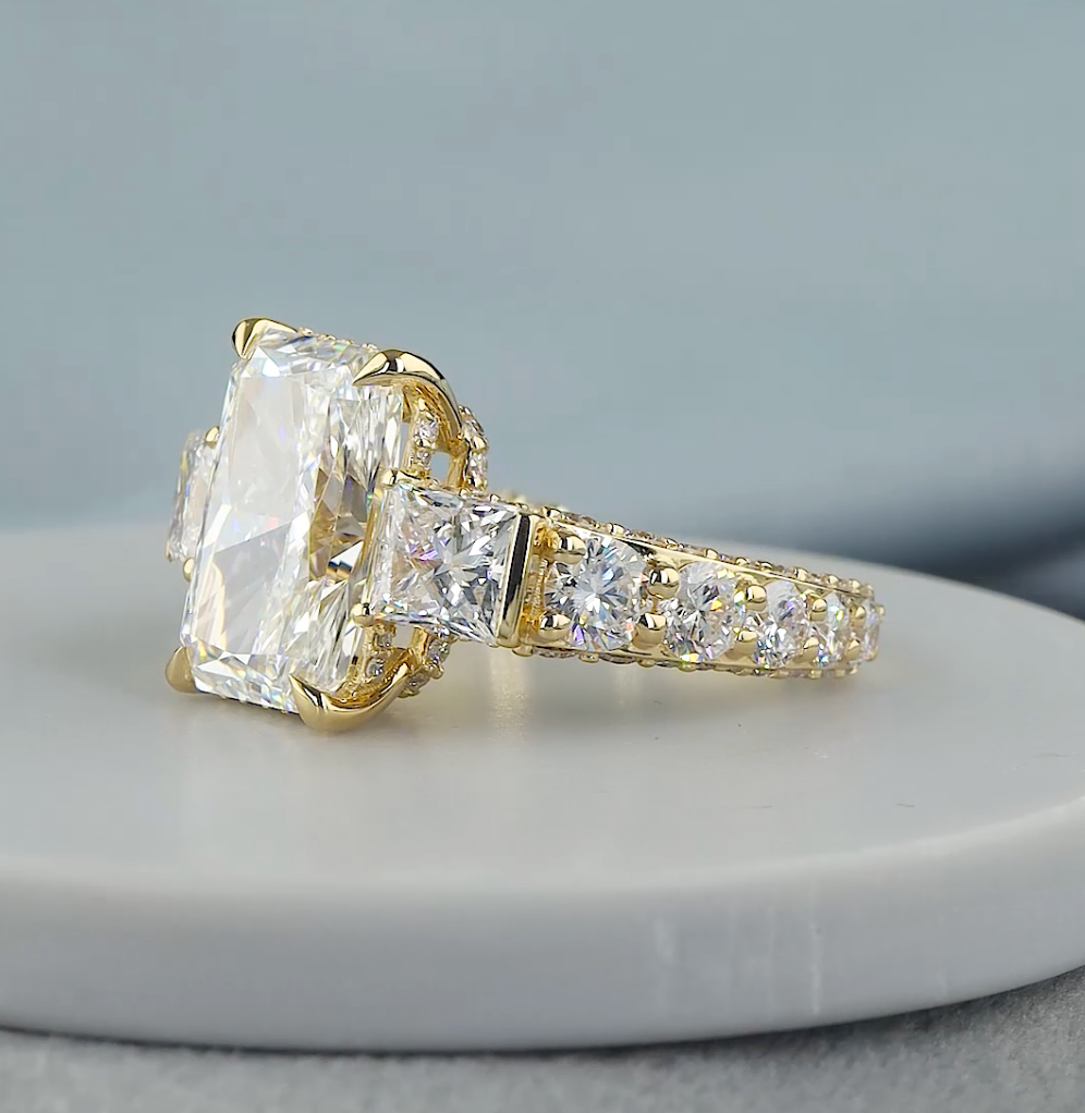8.75 CT Radiant Cut Lab Grown Diamond Engagement Ring | Princess & Round Diamond Accents | E VS1 IGI Certified