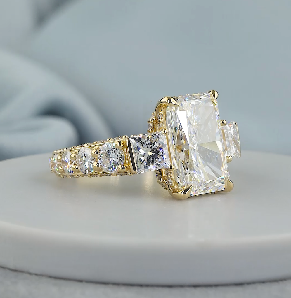 8.75 CT Radiant Cut Lab Grown Diamond Engagement Ring | Princess & Round Diamond Accents | E VS1 IGI Certified