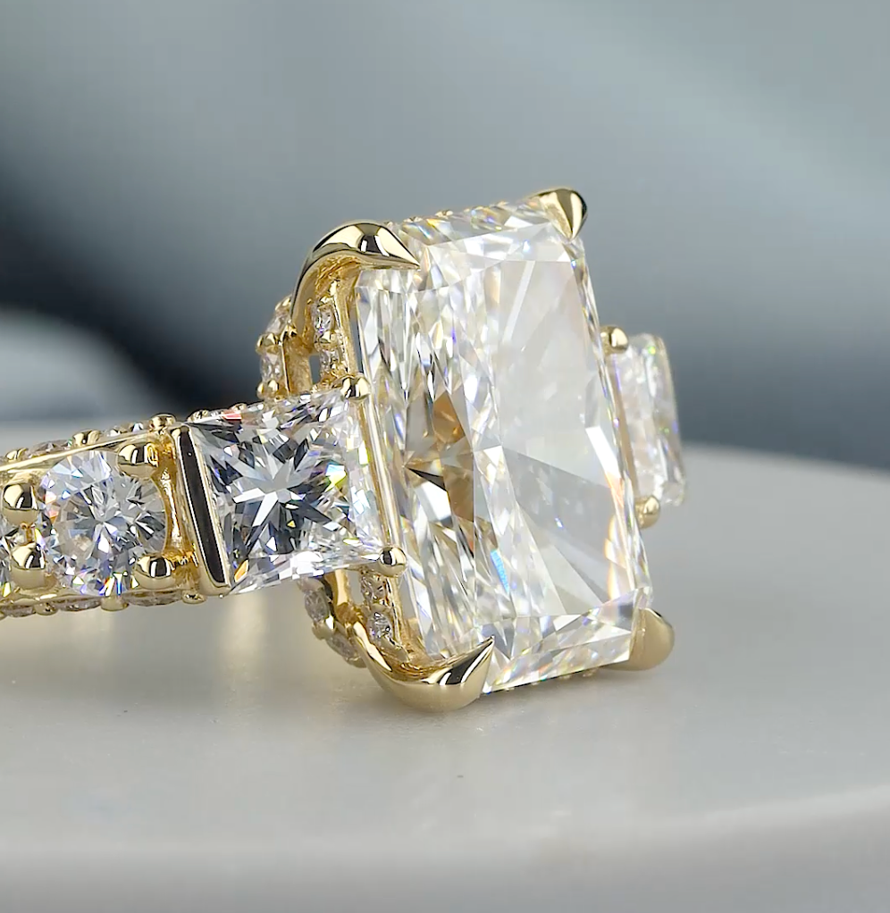 8.75 CT Radiant Cut Lab Grown Diamond Engagement Ring | Princess & Round Diamond Accents | E VS1 IGI Certified