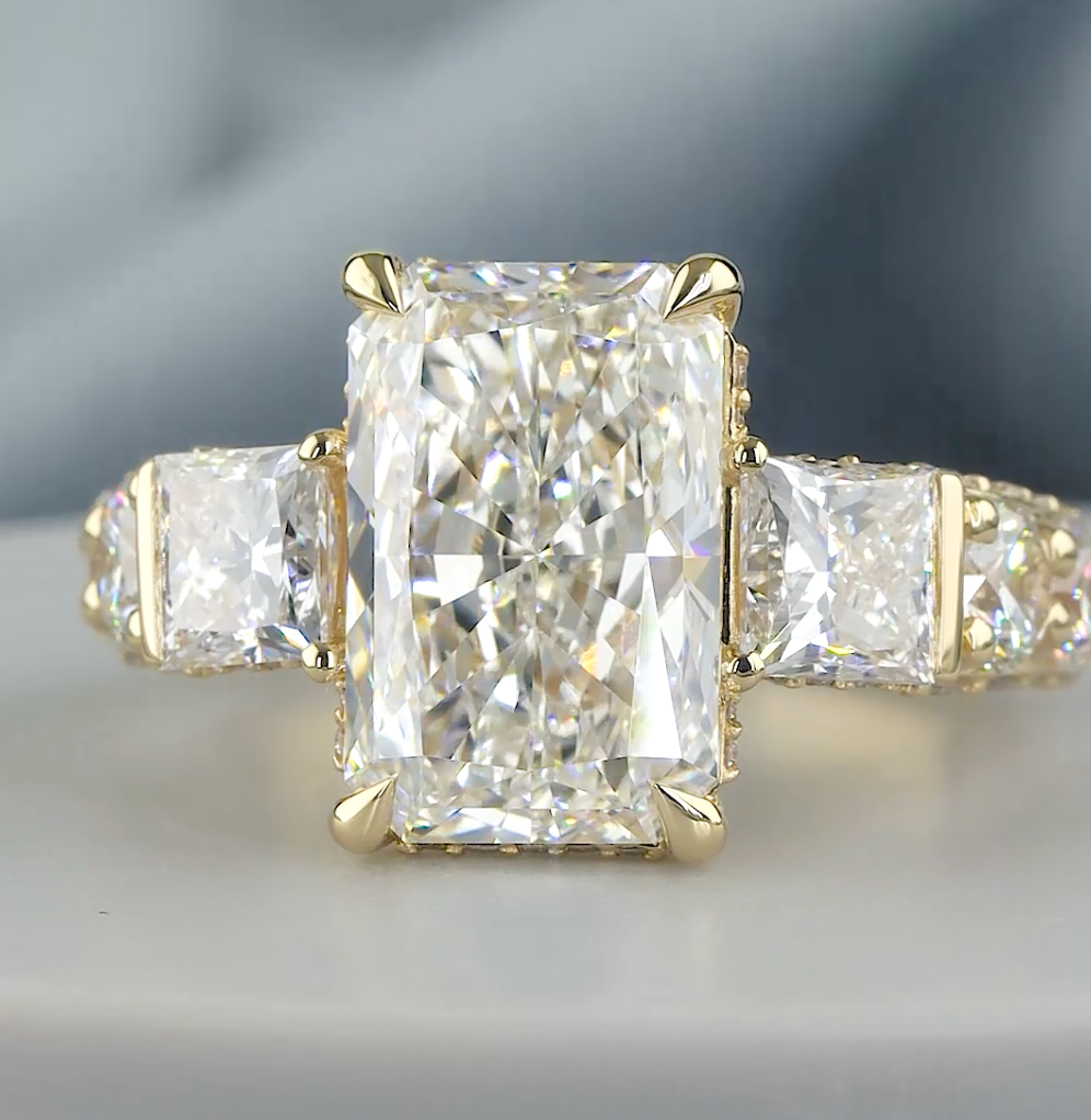 8.75 CT Radiant Cut Lab Grown Diamond Engagement Ring | Princess & Round Diamond Accents | E VS1 IGI Certified