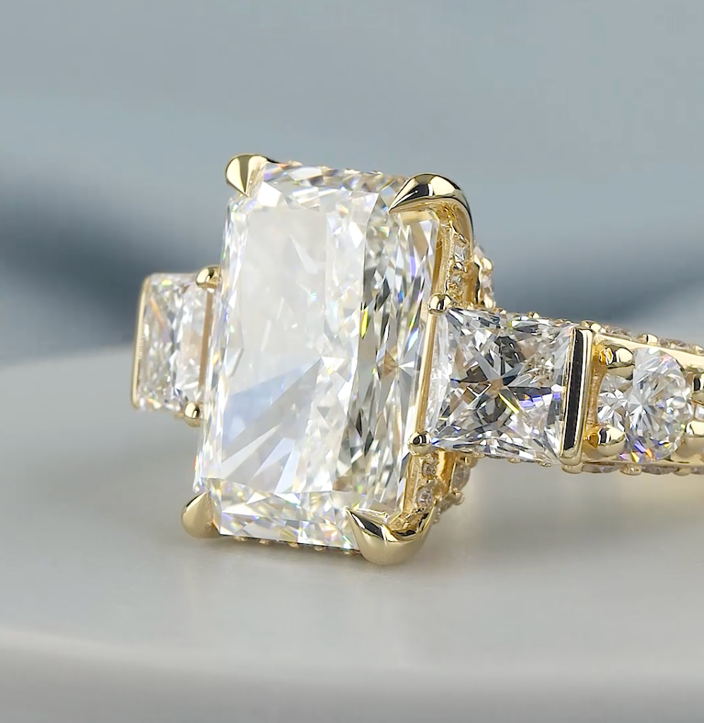 8.75 CT Radiant Cut Lab Grown Diamond Engagement Ring | Princess & Round Diamond Accents | E VS1 IGI Certified