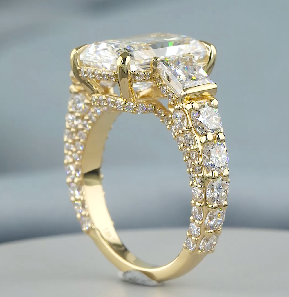 8.75 CT Radiant Cut Lab Grown Diamond Engagement Ring | Princess & Round Diamond Accents | E VS1 IGI Certified